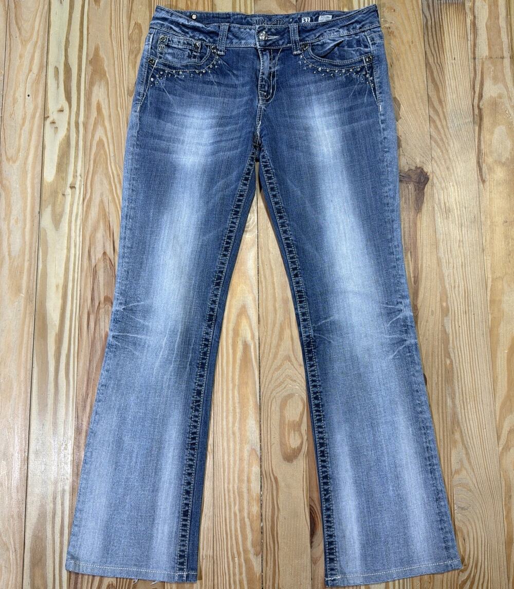 Miss Me Denim Rhinestone Easy Bootcut Jeans Denim Flap Logo 31x31 Y2K
